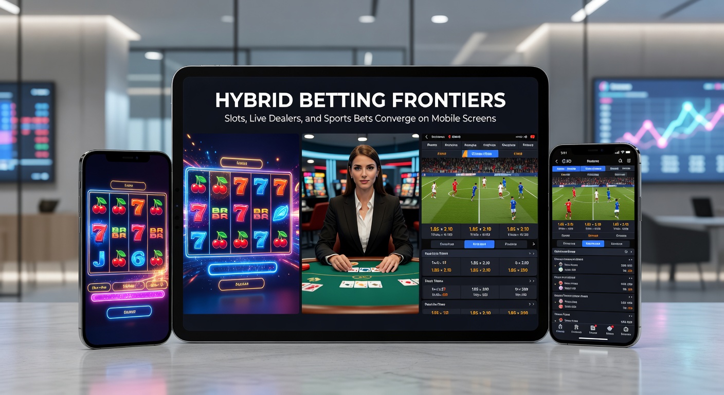 Smartphone mit hybrider Wett-App, die Slots, Live-Dealer-Tische und Sportwetten nahtlos integriert zeigt