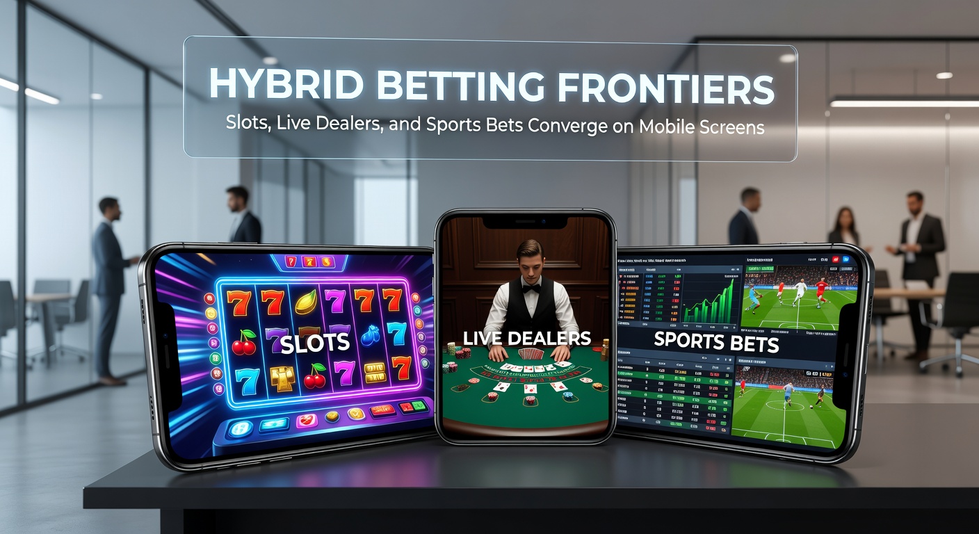 Detaillierte Darstellung einer hybriden Mobile-App mit geteiltem Bildschirm: Live-Fußballwette neben einem drehenden Slot und einem Dealer-Tisch