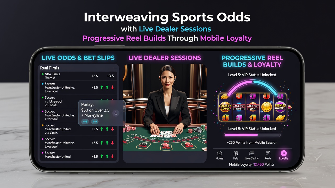 Mobile App-Oberfläche mit integrierten Sportquoten, Live-Dealer und progressiven Walzen