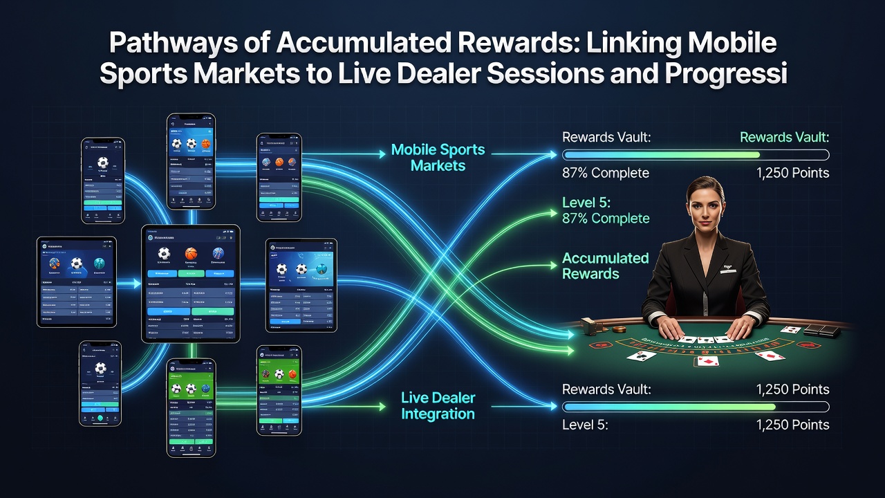 Visualisierung gestaffelter Belohnungssysteme mit Verbindungen von Sportmärkten über Live-Dealer zu progressiven Jackpots