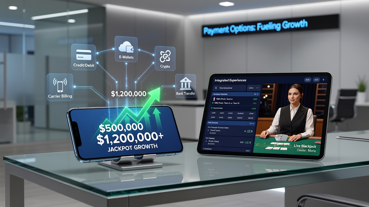 Mobile Schnittstelle zeigt Zahlungsflüsse zwischen Sportwetten, Live-Dealer und progressiven Jackpots
