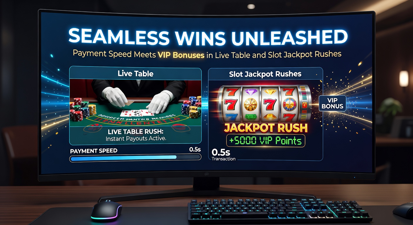 Nahaufnahme eines VIP-Spielers am Live-Tisch mit leuchtenden Slot-Jackpots und Symbolen für ultraschnelle Zahlungen im Hintergrund